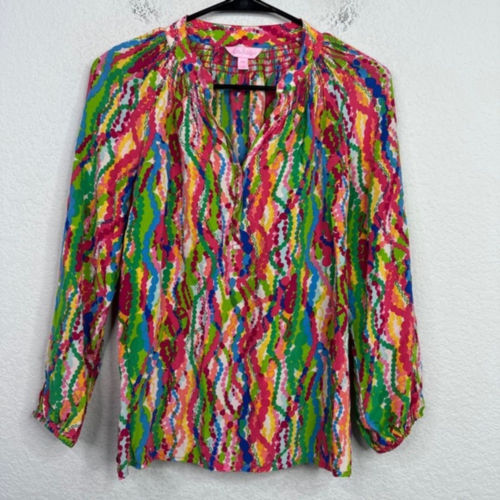 Lilly Pulitzer Shirt Women XXS Silk Geometric Long Sleeve Artsy Preppy Career - Picture 1 of 6